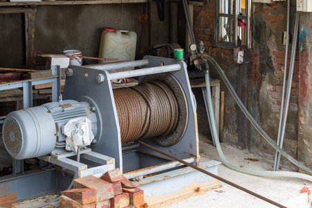 Wire rope sling or cable sling on crane reel drum or winch roll of crane the lifting machine in...