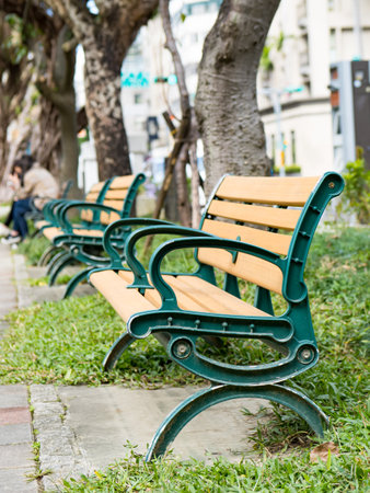 Public park in summer, green alley, footpath and old-fashioned wooden bench in the shade of trees, sunny day.の写真素材