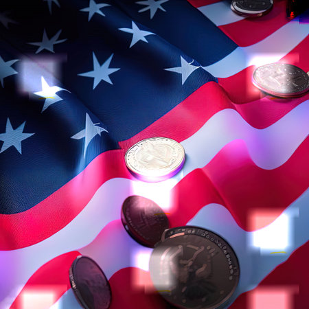 Digital composite of Silver coins on American flag with stars and stripes overlayの素材