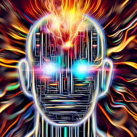 A robot mind picture in the form of electronic lines with high accuracy and colored and there is electricity a real taser with Generative AI.の素材