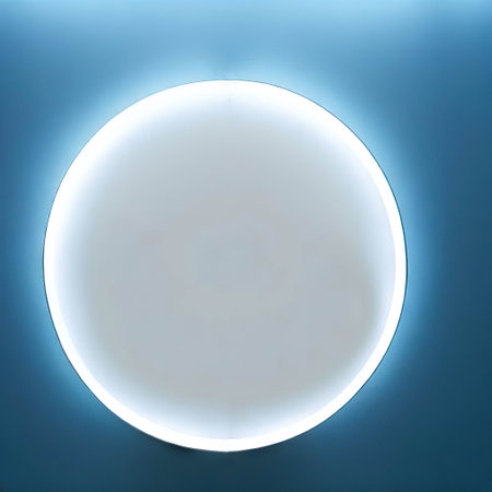 a round blank light box on the blue wall with Generative AI.の素材