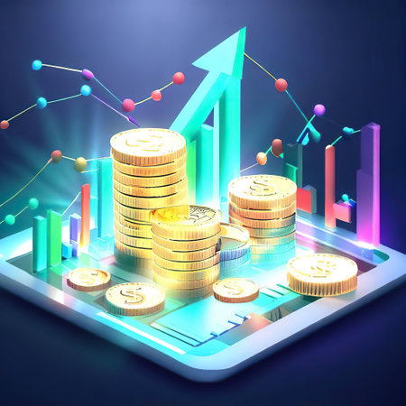 3d stock trading for successful idea. Excellent investing business and banking management. Investment management with 3d money coin and graph concept with Generative AIの素材