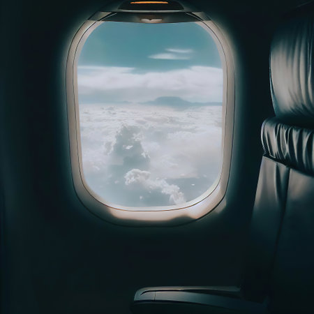 Looking out of the window of the plane, sitting in the cabin, night sky with Generative AIの素材