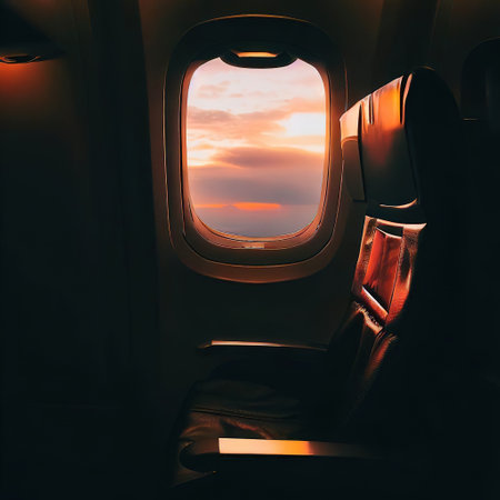 Looking out of the window of the plane, sitting in the cabin, night sky with Generative AIの素材