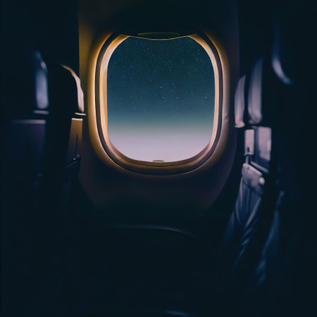 Looking out of the window of the plane, sitting in the cabin, night sky with Generative AIの素材