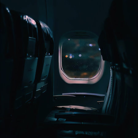 Looking out of the window of the plane, sitting in the cabin, night sky with Generative AIの素材