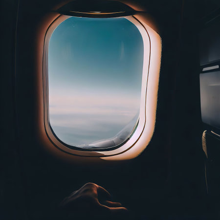 Looking out of the window of the plane, sitting in the cabin, night sky with Generative AIの素材