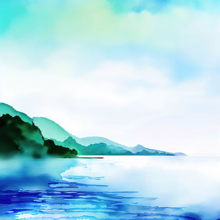 beautiful coast and blue sky copyspace ink and water style with Generative AI.の素材