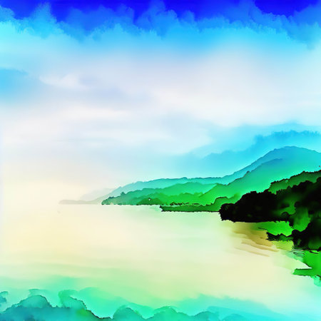 beautiful coast and blue sky copyspace ink and water style with Generative AI.の素材