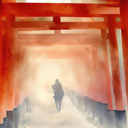 Walking through the shrine's tunnel of 1,000 torii gates with watercolor with AIの素材