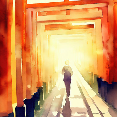 Walking through the shrine's tunnel of 1,000 torii gates with watercolor with AIの素材