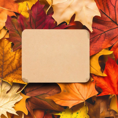 Autumn background with colorful leaves and paper card. Top view.の素材