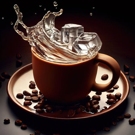 ice coffee cup on a plate, a wave of Ice Cube hit the cup with AI.の素材