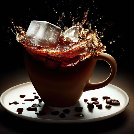 ice coffee cup on a plate, a wave of Ice Cube hit the cup with AI.の素材