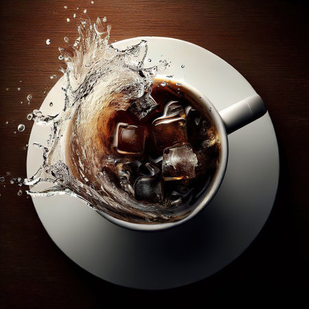 ice coffee cup on a plate, a wave of Ice Cube hit the cup with AI.の素材