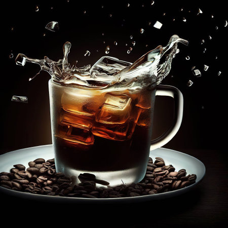 ice coffee cup on a plate, a wave of Ice Cube hit the cup with AI.の素材