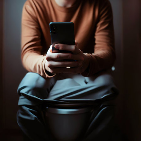 A person sitting on a toilet, browsing on their phone with AI.の素材