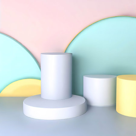 white realistic 3d cylinder pedestal podium with pastel yellow, blue and pink in semi circle backdrop. Abstract vector rendering geometric platform. Product display presentation with AI.の素材
