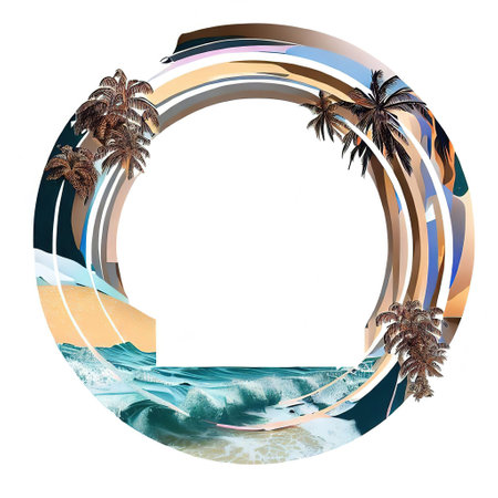 Abstract design of a circular frame with palm trees ,sand and sea waves around it, used for banners, flyers, posters, advertisements with AIの素材