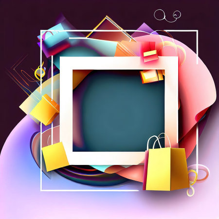 Abstract design of frame with gift boxes and shopping bag around it with Generative AI.の素材