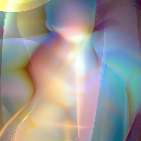 The abstract background illustration contains colored transparency buddha appearance with Generative AI.の素材