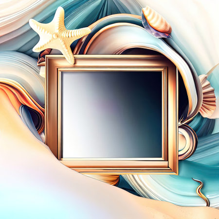Abstract design of blank luxury frame with shell and starfish in beach around it with Generative AI.の素材