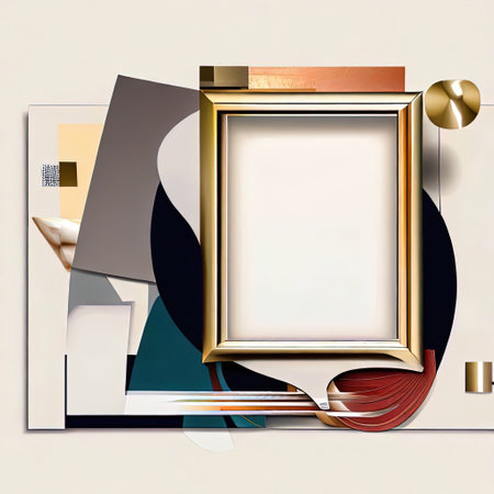 Abstract design of blank luxury frame with Modernist-style collages and visual elements around it with Generative AI.の素材