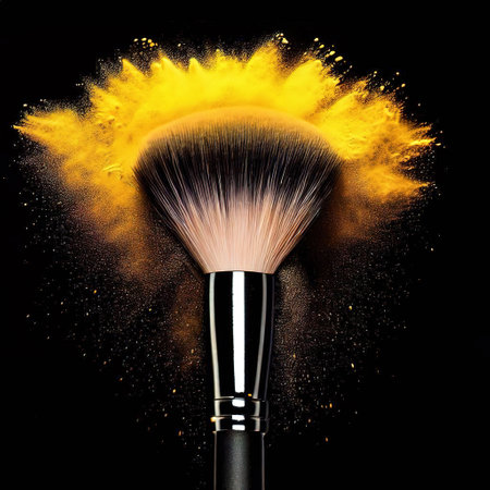 Make-up brushes with empire yellow powder explosion isolated in a black background with Generative AI.の素材