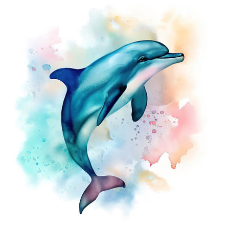 one dolphin with various watercolors with Generative AI.の素材