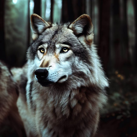 Gray wolves in cedar forest with Generative AI.の素材