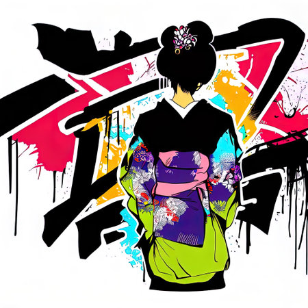 one kimono female in graffiti color style with Generative AI.の素材