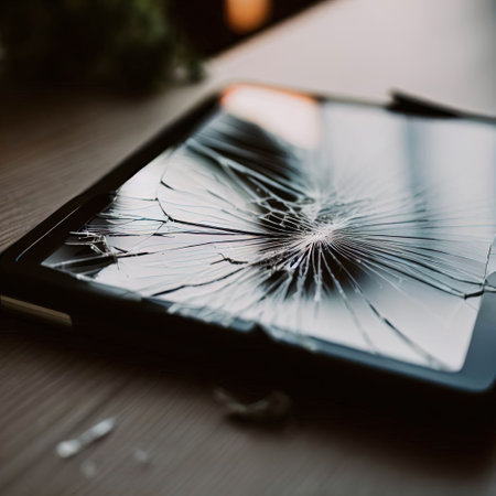 Tablet with a broken screen on a desk with Generative AI.の素材