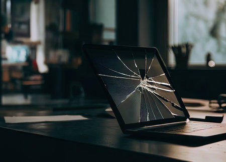 Laptop with a broken screen on a desk with Generative AI.の素材