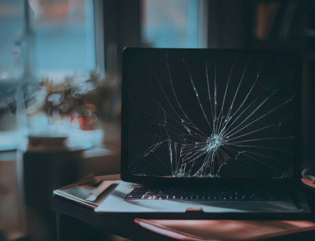 Laptop with a broken screen on a desk with Generative AI.の素材