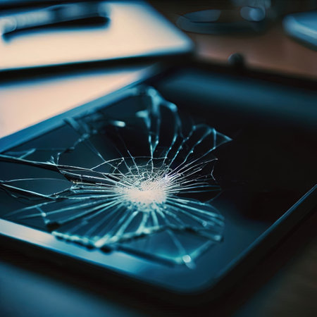 Tablet with a broken screen on a desk with Generative AI.の素材