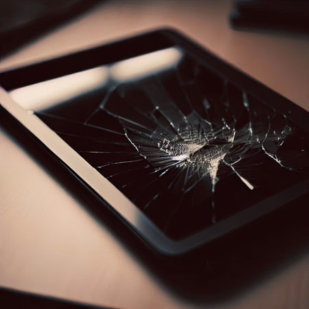 Tablet with a broken screen on a desk with Generative AI.の素材