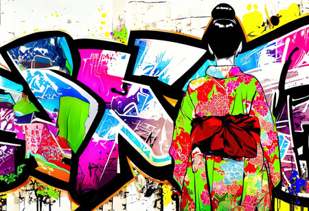 one kimono female in graffiti color style with Generative AI.の素材