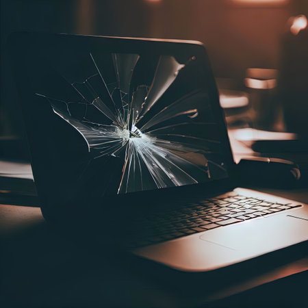Laptop with a broken screen on a desk with Generative AI.の素材