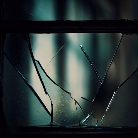 a broken glass in window frame with Generative AI.の素材