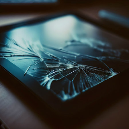 Tablet with a broken screen on a desk with Generative AI.の素材