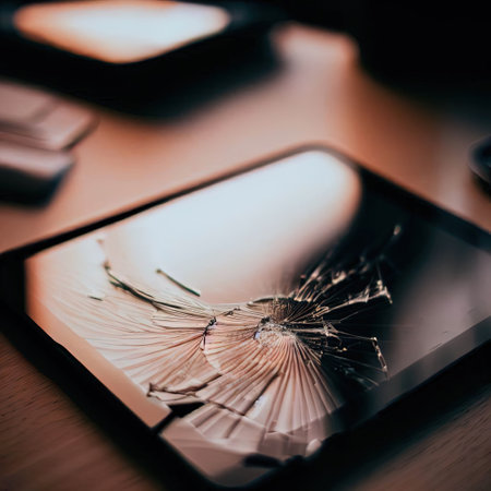 Tablet with a broken screen on a desk with Generative AI.の素材