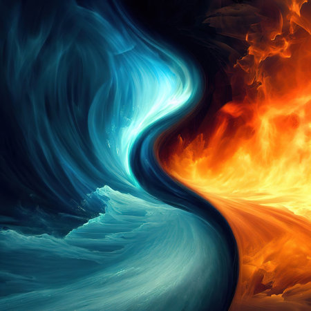 One side is fire, the other side is ice, the two sides meet and intertwine with Generative AI.の素材