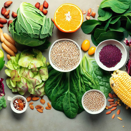 Healthy food clean eating selection: fruit, vegetable, seeds, superfood, cereal, leaf vegetable on gray concrete background with Generative AI.の素材