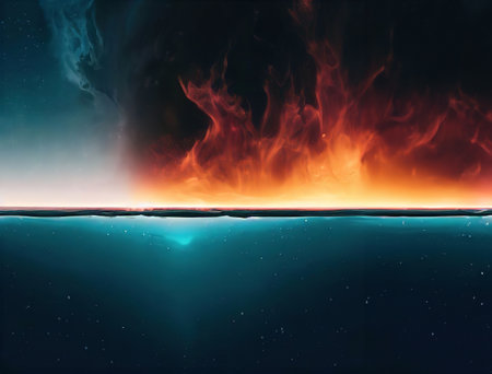 One side is fire, the other side is ice, the two sides meet and intertwine with Generative AI.の素材