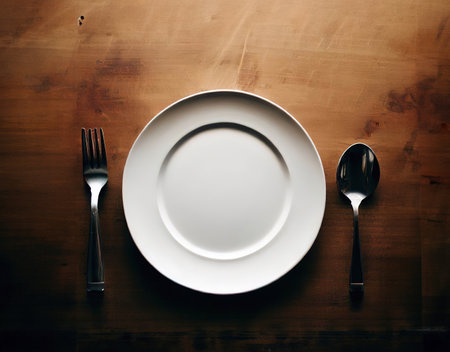 table with plate, one fork, one spoon with Generative AI.の素材