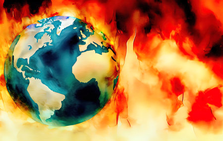 earth global in fire background in watercolor with Generative AI.の素材