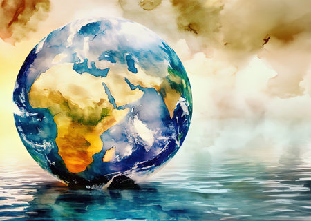 earth global in flooding background in watercolor with Generative AI.の素材
