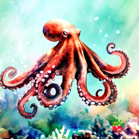 one octopus with various watercolor with Generative AI.の素材