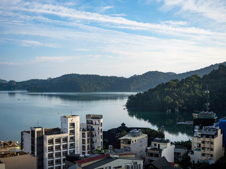 SUN MOON LAKE,TAIWAN - JUNE 10: many boats parking at the pier on June 10, 2023 at Sun Moon Lake, Taiwan. Sun Moon Lake is the largest body of water in Taiwan as well as a tourist attraction.のeditorial素材