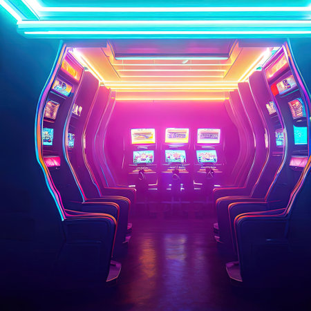 Video Arcade interior with neon light with Generative AI.の素材